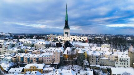 Aerial view of snowy Tallinn Old Town